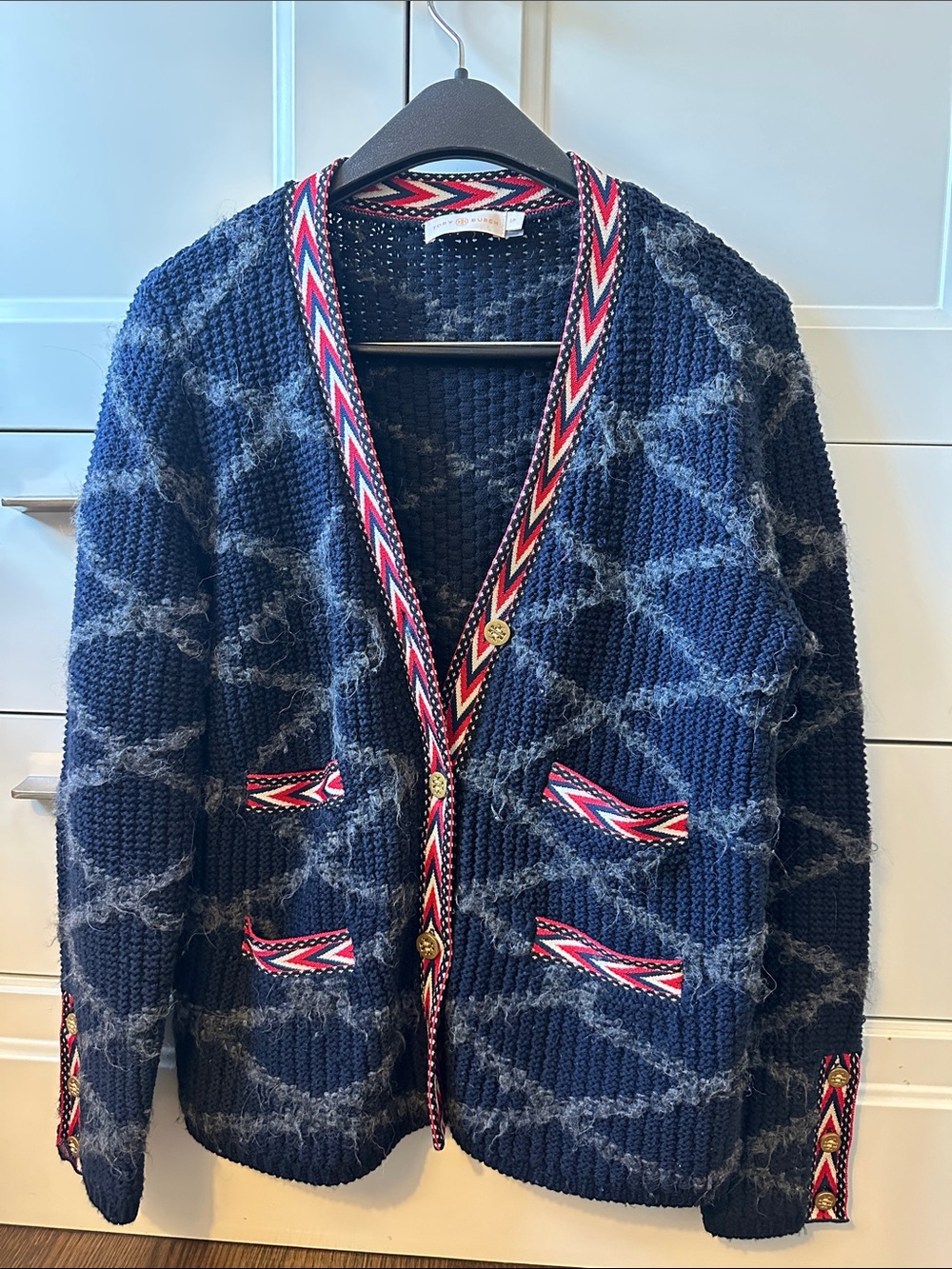 Tory Burch Navy Wool Knit Cardigan with Red Trim